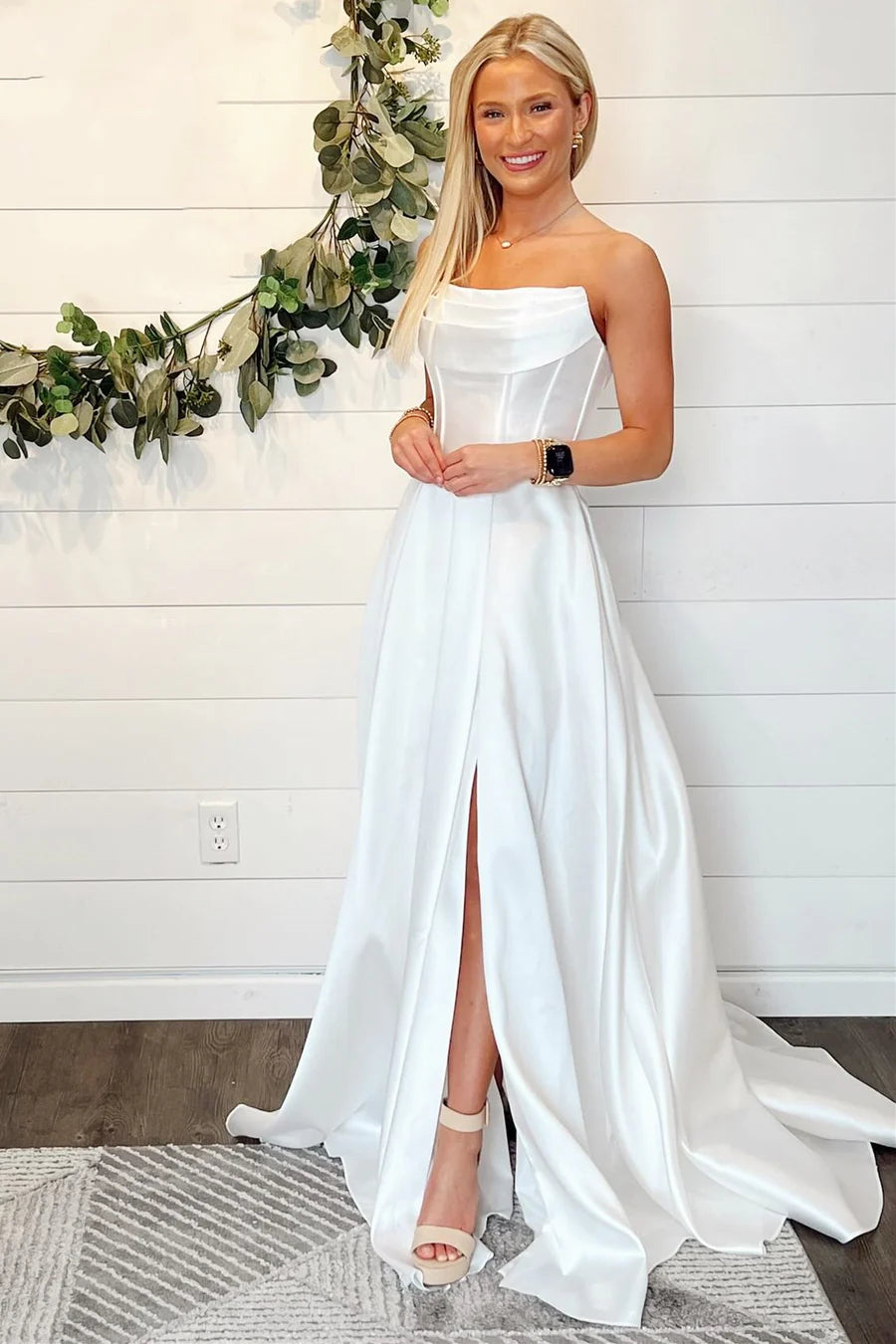 Simple A Line Cowl Neck Satin Long Slit Wedding Dresses AB24101904 Anniebride Simple A Line Cowl Neck Satin Long Slit Wedding Dresses AB24101904 Anniebride