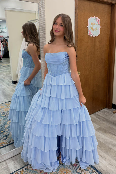 A Line Strapless Light Blue Chiffon Tiered Prom Dress AB26100210