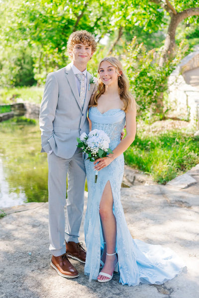 Mermaid Sweetheart Light Blue Lace Long Prom Dress with Slit AB26060109