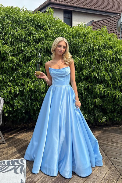 A Line Scoop Neck Blue Satin Long Prom Dress with Beading AB26060918