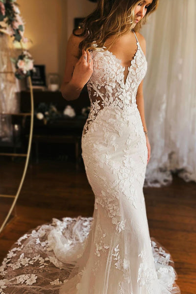 Elegant Mermaid V Neck Lace Wedding Dresses with Appliques AB4011705