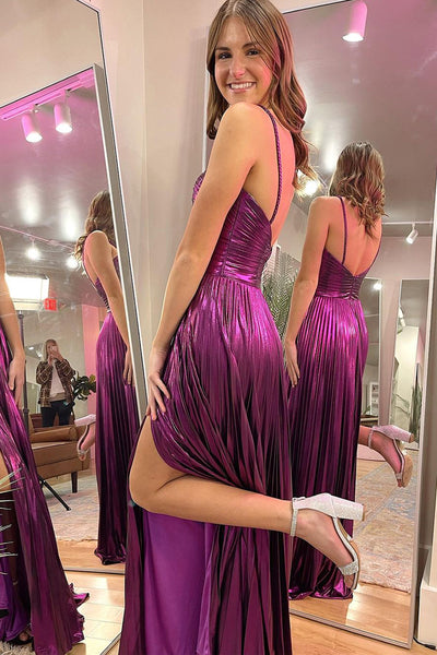 Cute A Line Straps Cutout Purple Sparkly Satin Prom Dress with Slit AB4011304