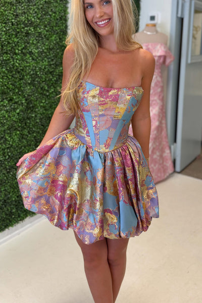 A Line Strapless Jacquard Satin Short Homecoming Dress AB26071101