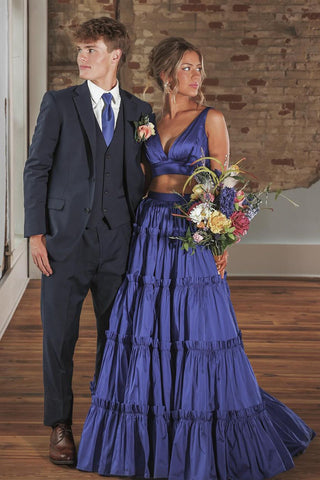 Two Piece V Neck Dark Blue Long Prom Dress AB4051204