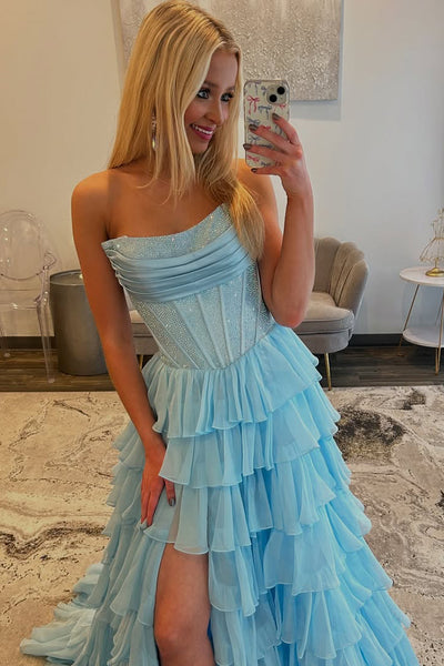 Charming A Line Scoop Neck Teal Tiered Chiffon Wedding Dress with Hot Stone AB25092803