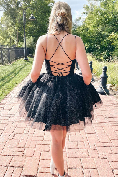 Cute A Line Scoop Neck Black Sparkly Tulle Short Homecoming Dresses with Appliques ABHC061850
