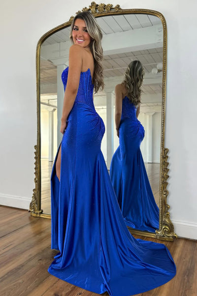 Gorgeous Mermaid Scoop Neck Hof Fix Satin Prom Dress with Slit AB26020606