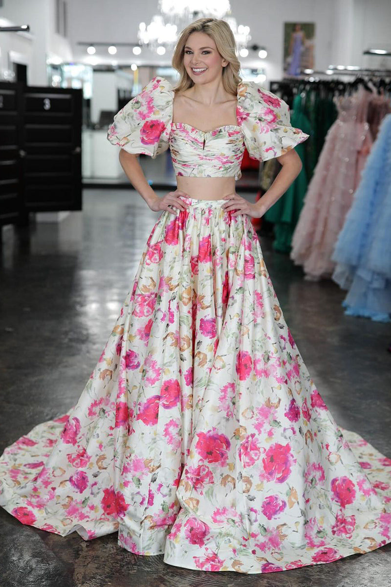 Cute A Line Two Piece Ruffled Sleeves Floral Printed Satin Long Prom Dress AB4021204