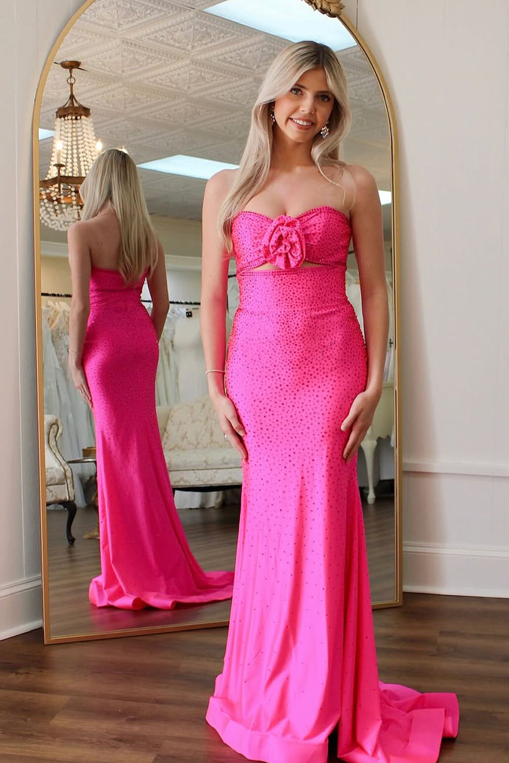 Mermaid Strapless Fuchsia Keyhole Satin Long Prom Dresses with Beads AB25032108