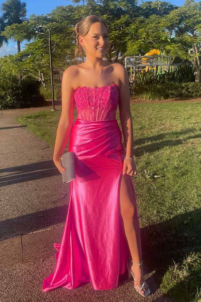 Charming Mermaid Strapless Pink Satin Slit Prom Dress with Appliques AB26102910