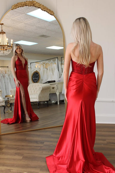Mermaid Halter Red Sequins Long Prom Dresses with Slit AB25031802