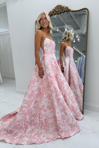Charming A-Line Strapless Floral Jacquard Satin Prom Dress with Slit AB26020903