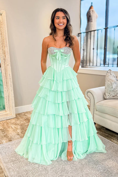 Cute A Line Strapless Mint Tiered Chiffon Prom Dress with Beading AB25102905