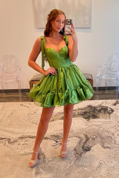 Cute A-Line Straps Sage Green Ruffle Satin Short Homecoming Dresses AB24082906