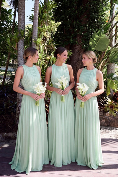 Charming A Line Round Neck Sage Green Pleat Chiffon Bridesmaid Dress AB26040804