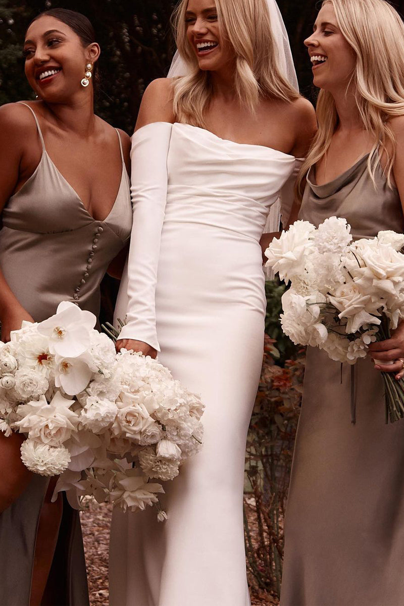 Elegant Mermaid Strapless Long Sleeves Elastic Satin Wedding Dresses with Botton ABWD062201