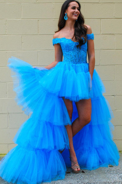 Stunning Off the Shoulder Blue Tulle High Low Long Prom Dresses AB061803