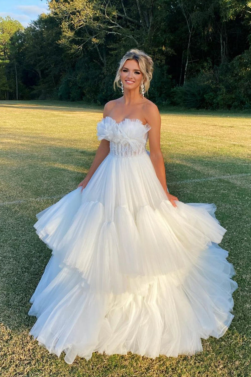 Ball Gown Sweetheart White Tulle Long Prom Dresses AB101506