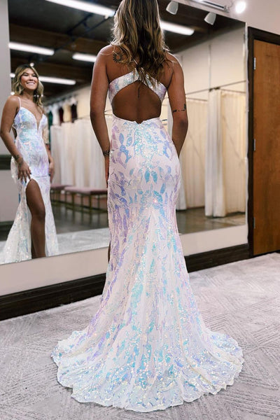 Cute Mermaid V Neck Purple Sequins Long Prom Dresses AB100605