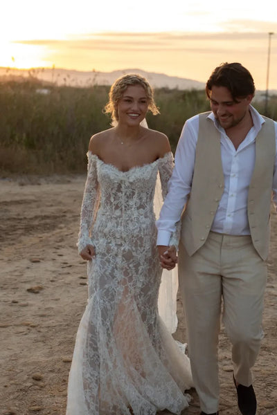 Bohemian Mermaid Off-Shoulder Lace Wedding Dress with Sleeves AB26061411
