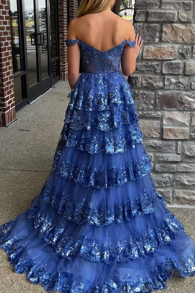 Modern A Line Off the Shoulder Blue Tulle Long Prom Dresses with Sequin Lace AB061824