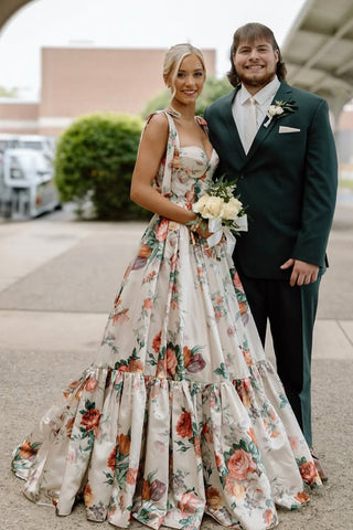 A Line Straps Sweetheart Floral Satin Long Prom Dresses AB25051401