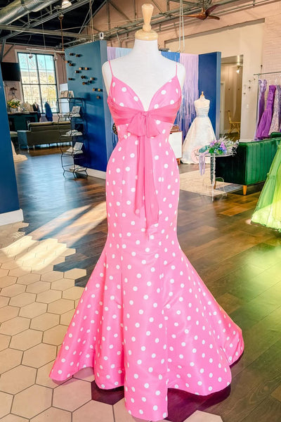 Cute Mermaid V Neck Pink White Dot Satin Long Prom Dress AB26020304