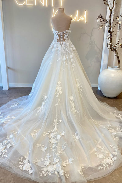 Bohemian A Line Sweetheart Tulle Long Wedding Dress with Appliques AB25100603