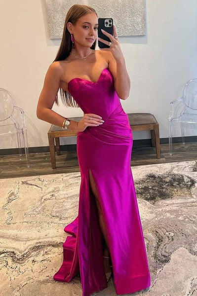Cute Mermaid Strapless Fuchsia Satin Mermaid Prom Dress with Slit AB25010401