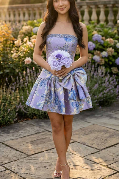 A Line Strapless Lavender Jacquard Satin Homecoming Dress with Beading AB26102915