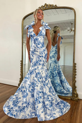 Gorgeous Mermaid V Neck Flower Print Satin Prom Dress AB25111207