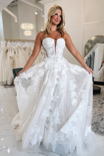 Fairy A Line Long Sleeves White Tulle Wedding Dress with Appliques AB25071101