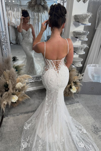 Elegant Mermaid Spaghetti Straps Lace Wedding Dress with Appliques AB26042103