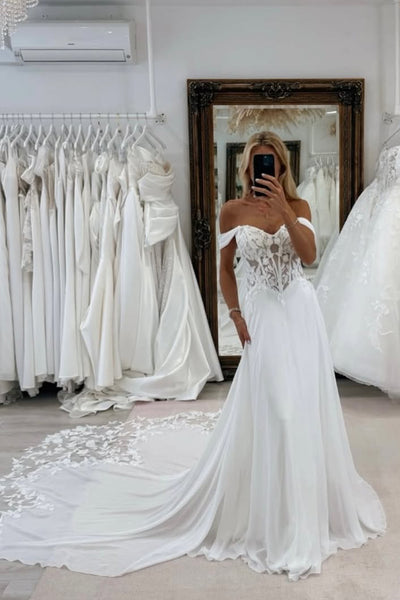 Bohemian A Line Off the Shoulder Chiffon Beach Wedding Dress with Appliques AB26011308