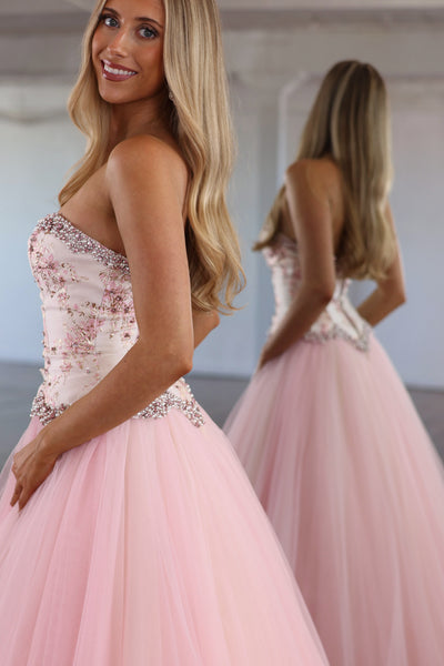 A Line Sweetheart Light Pink Tulle Long Prom Dress with Beading AB26102106