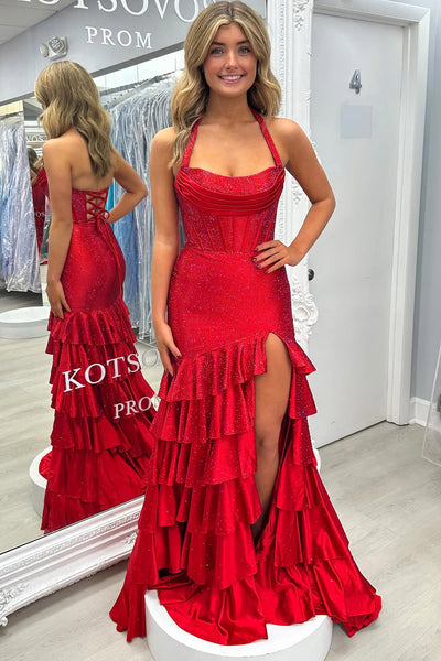 Gorgeous Mermaid Scoop Neck Red Tiered Satin Prom Dress with Hot Stone AB25111202