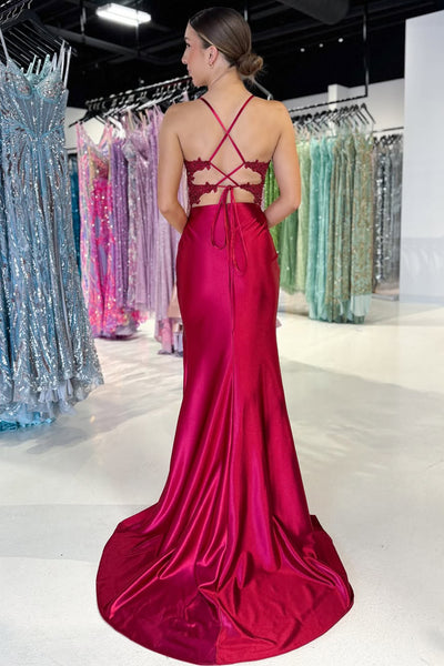 Cute Mermaid V Neck Dark Red Satin Prom Dress with Appliques AB25022304