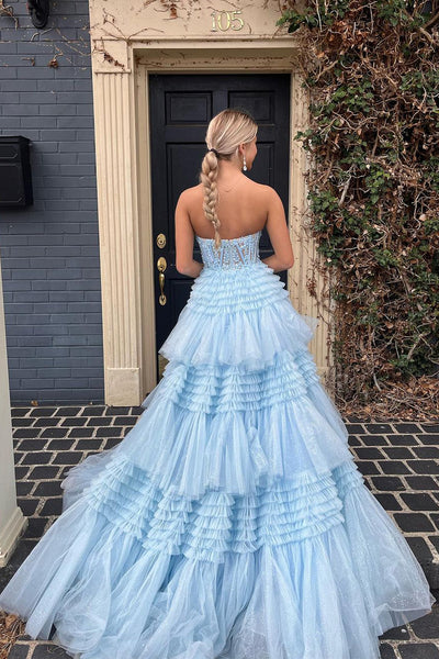 Cute Ball Gown Tutu Light Blue Long Prom Dresses AB091904