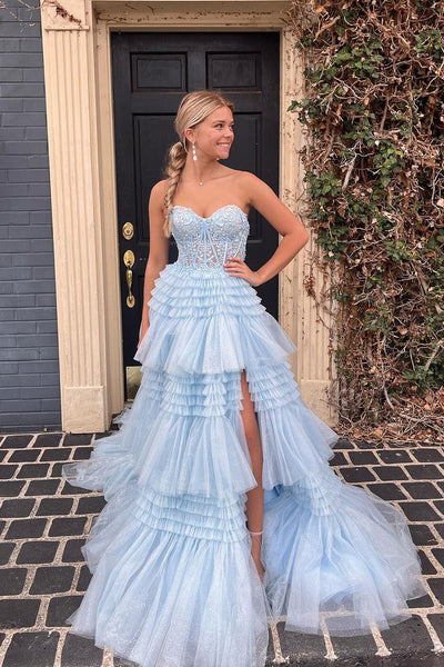 Cute Ball Gown Tutu Light Blue Long Prom Dresses AB091904