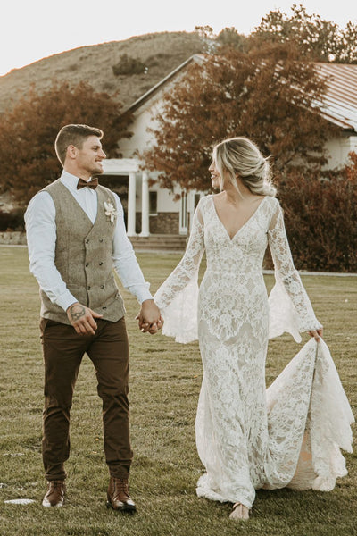 Bohemian Mermaid V Neck Long Sleeves Lace Wedding Dresses AB25051101