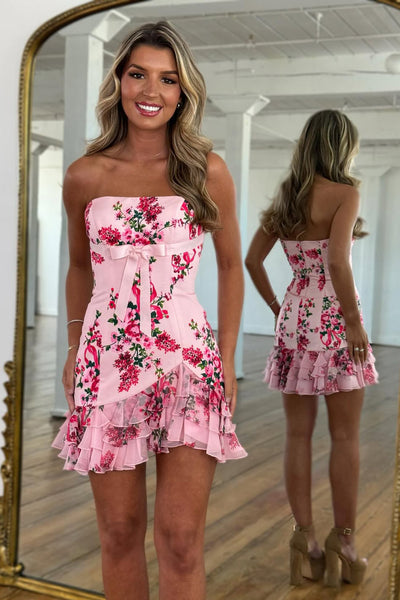 Sheath Strapless White Blue Floral Satin Short Homecoming Dress AB26060902