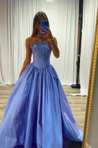 Gorgeous A Line Strapless Blue Satin Prom Dress with Beading AB26102502