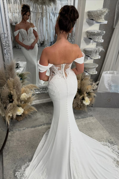 Elegant Mermaid Off the Shoulder Elastic Satin Wedding Dress with Lace AB26052403