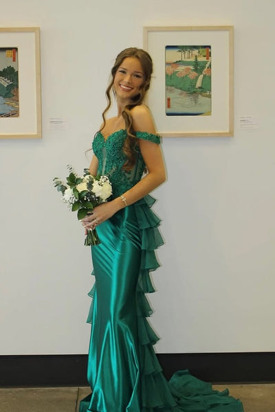 Cute Mermaid Off the Shoulder Green Satin Long Prom Dress with Ruffled Train AB25050211