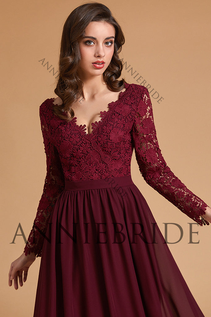 Elegant A Line V Neck Long Sleeves Burgundy Chiffon Bridesmaid Dresses with Lace ABBD061808 Anniebride Elegant A Line V Neck Long Sleeves Burgundy Chiffon Bridesmaid Dresses with Lace ABBD061808 Anniebride
