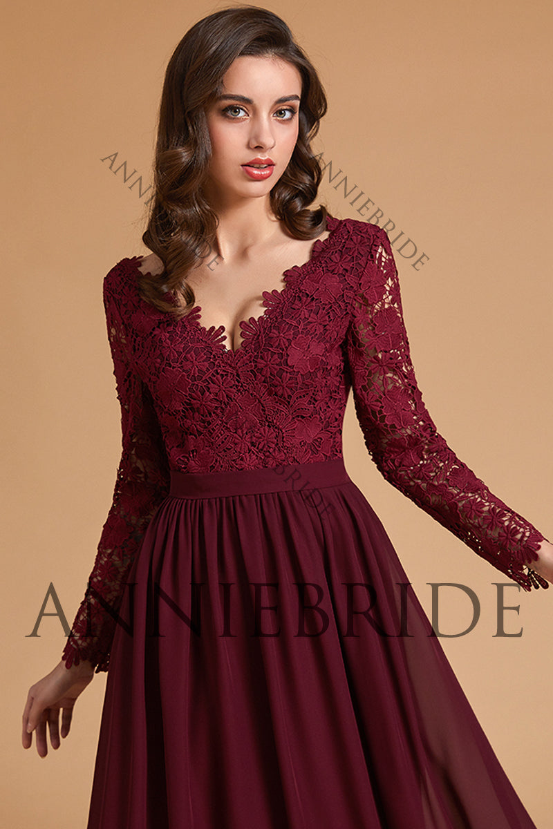Elegant A Line V Neck Long Sleeves Burgundy Chiffon Bridesmaid Dresses with  Lace ABBD061808 – Anniebride