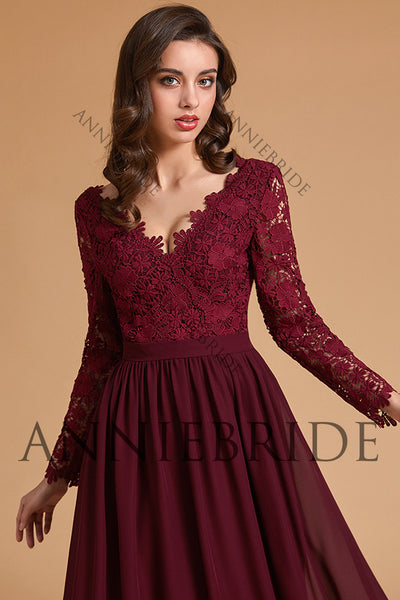 Elegant A Line V Neck Long Sleeves Burgundy Chiffon Bridesmaid Dresses with Lace ABBD061808