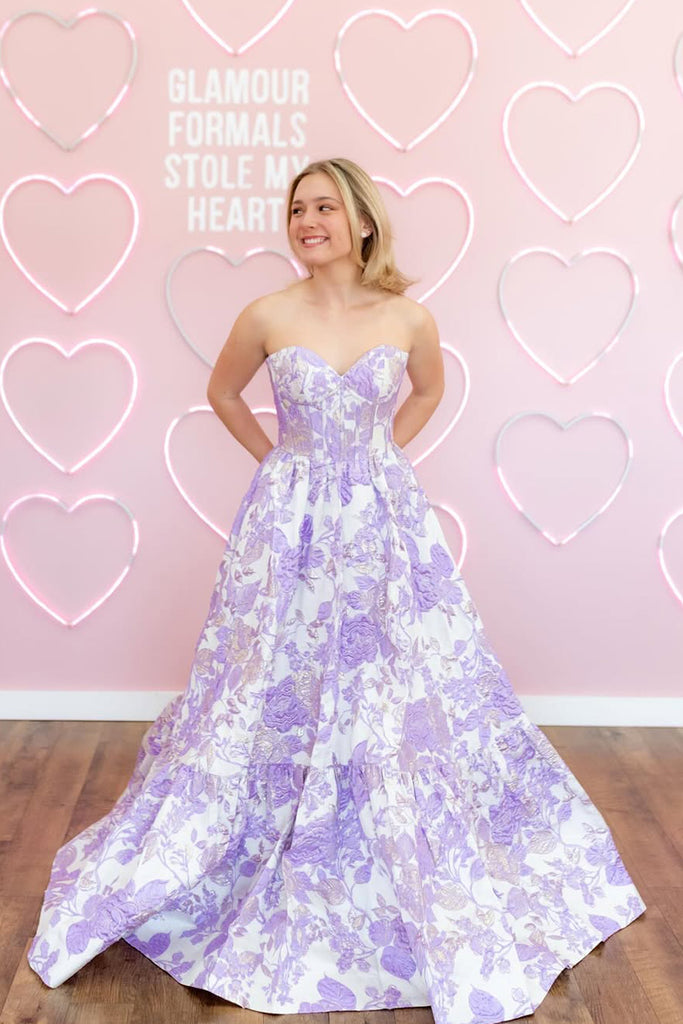 Cute A Line Sweetheart Purple Lavender Jacquard Satin Long Prom Dress – Anniebride