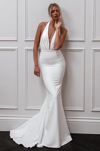 Elegant Mermaid Deep V Neck Elastic Satin Long Wedding Dress AB4060802