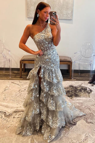 Mermaid One Shoulder Grey Sequins Lace Long Prom Dress with Slit AB4050403